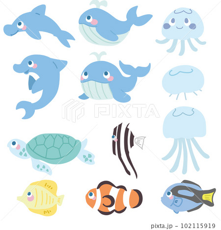 かわいい海の生き物の主線なしカラーイラストセット かわいい海の生き物の主線なしカラーイラストセット 102115919