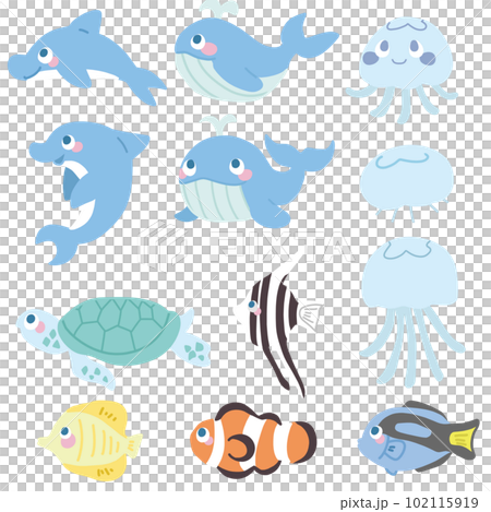 Cute sea creatures no main line color illustration set Cute sea creatures no main line color illustration set 102115919