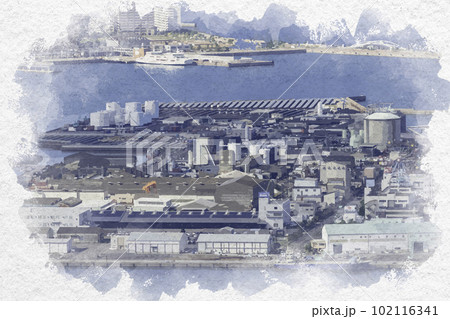 水彩画風 高松市街地 高松港周辺 香川県高松市 水彩画風 高松市街地 高松港周辺 香川県高松市 102116341