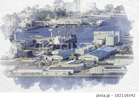 水彩画風 高松市街地 高松港周辺 香川県高松市 水彩画風 高松市街地 高松港周辺 香川県高松市 102116342
