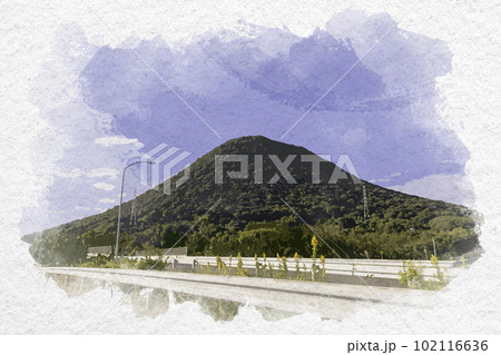 水彩画風　讃岐富士　香川県坂出市 102116636