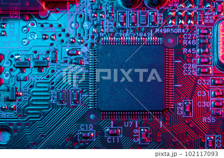 Digital Microprocessor. Computer Controller Circuit Board closeup Main Central Processing Unit Electronic Chips with Data Signal Lane. 102117093