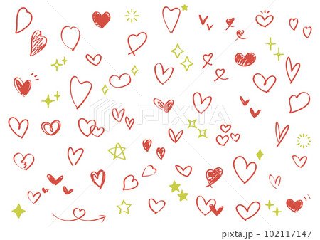 かわいい手描きのあしらいセット（キラキラ・ハート）赤　黄色　金色 102117147