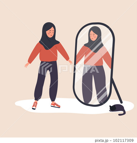 Eating disorder. Slim arabian woman looking herself fat in mirror and feel insecure human. Rejection of yourself. Bulimia or anorexia. Girl with mental problems. Vector illustration in cartoon style Eating disorder. Slim arabian woman looking herself fat in mirror and feel insecure human. Rejection of yourself. Bulimia or anorexia. Girl with mental problems. Vector illustration in cartoon style 102117309