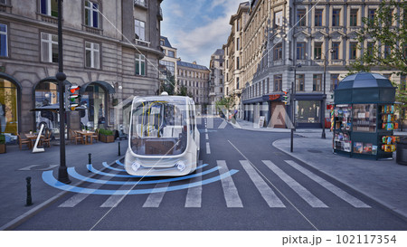 Autonomous electric bus self driving on street, Smart vehicle technology concept, 3d render 102117354