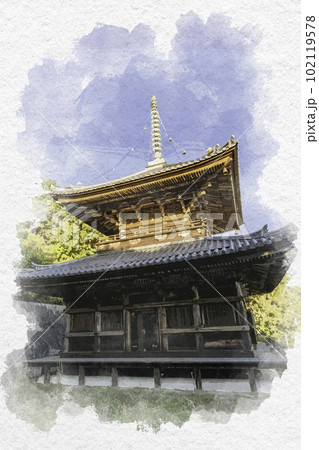 水彩画風　四国八十八箇所10番　切幡寺　大塔　徳島県阿波市 102119578