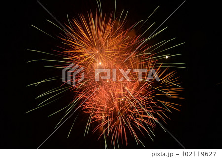 月と隅田川花火大会のカラフルな打ち上げ花火 102119627