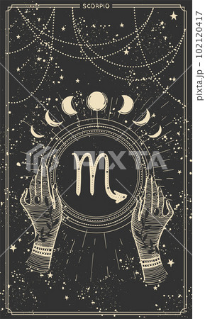 Card for stories with Zodiac sign Scorpio hand drawn, vintage boho illustration of astrology, black mystical background with stars, vector line illustration. Template for divination, calendar. Card for stories with Zodiac sign Scorpio hand drawn, vintage boho illustration of astrology, black mystical background with stars, vector line illustration. Template for divination, calendar. 102120417