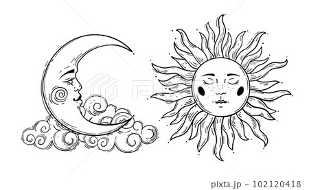 Sun and moon crescent with cloud, vintage boho line drawing for astrology, celestial mythological symbols, witch tattoo. Vector illustration isolated on white background. Sun and moon crescent with cloud, vintage boho line drawing for astrology, celestial mythological symbols, witch tattoo. Vector illustration isolated on white background. 102120418
