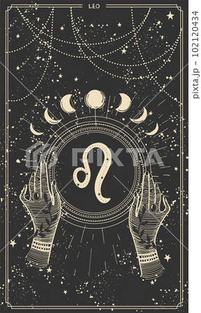 Card with Leo zodiac sign symbol, mystical template for stories with place for text, two hands holding frame on black background with stars, astrological chart. Freehand vector illustration. Card with Leo zodiac sign symbol, mystical template for stories with place for text, two hands holding frame on black background with stars, astrological chart. Freehand vector illustration. 102120434