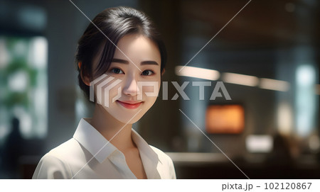 オフィスで働くカメラ目線で微笑む若い女性【AI生成画像】 オフィスで働くカメラ目線で微笑む若い女性【AI生成画像】 102120867