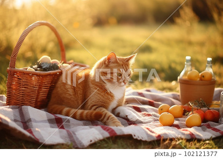 Ginger cat picnicing in sunset. Generative AI 102121377