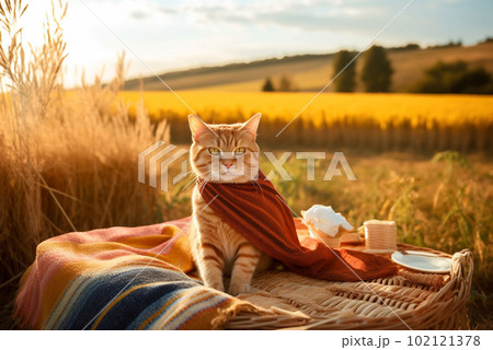 Ginger cat picnicing in sunset. Generative AI 102121378