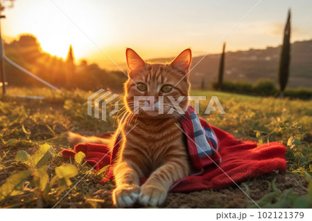 Ginger cat picnicing in sunset. Generative AI 102121379