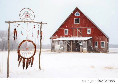 Retro dream catchers hanging red barn on background. Generative AI 102121455