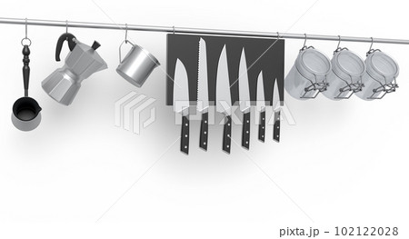 Set of kitchen utensil, stewpot, frying pan and chrome cookware hanging on shelf 102122028
