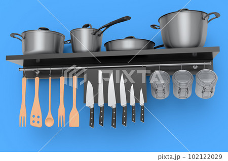 Set of kitchen utensil, stewpot, frying pan and chrome cookware hanging on shelf 102122029