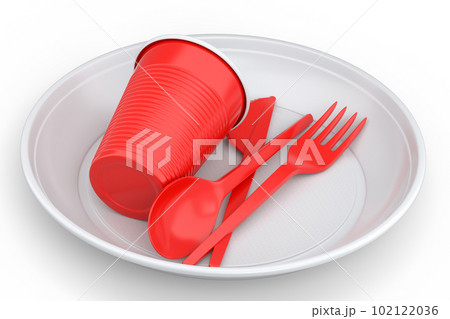 Set of disposable utensils like plate, folk, spoon,knife and cup on white. Set of disposable utensils like plate, folk, spoon,knife and cup on white. 102122036