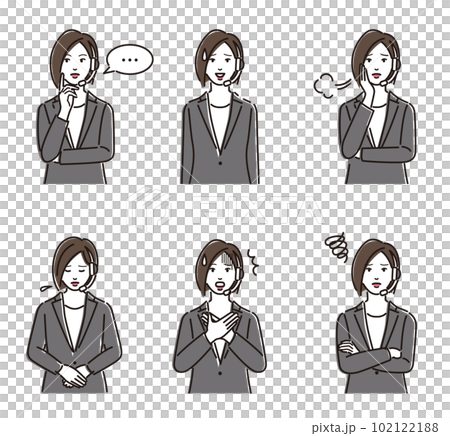 A set of negative facial expressions of a female operator wearing a headset A set of negative facial expressions of a female operator wearing a headset 102122188