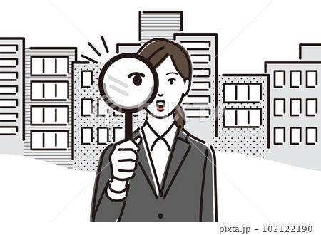 企業研究のために虫眼鏡を持つ女性ビジネスパーソン 102122190