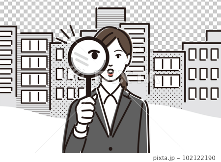 企業研究のために虫眼鏡を持つ女性ビジネスパーソン 102122190