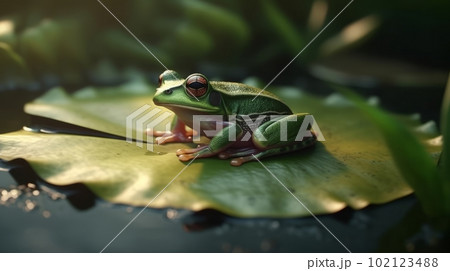 蓮の葉の上のアマガエル：AI作品 102123488