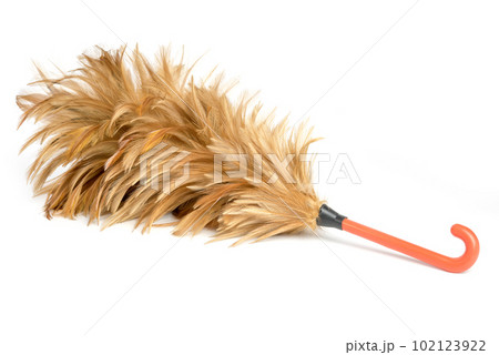 Feather soft duster with plastic handle on white background Feather soft duster with plastic handle on white background 102123922