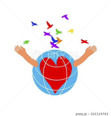 The globe with children's hands releases colored birds. 102124783