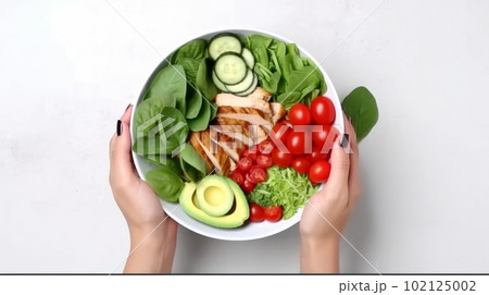 Chicken salad bowl in hand. Illustration AI Generative Chicken salad bowl in hand. Illustration AI Generative 102125002