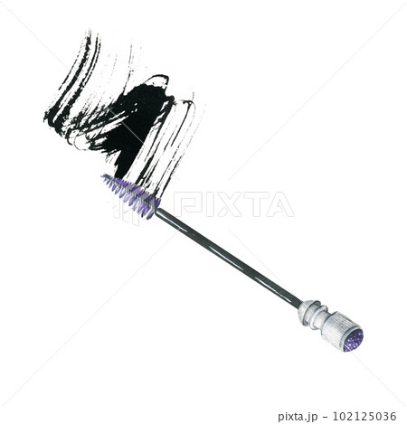 Brush for combing eyelashes and eyebrows with a smear of black paint, mascara. Watercolor illustration, hand drawn. Isolated composition on a white background 102125036