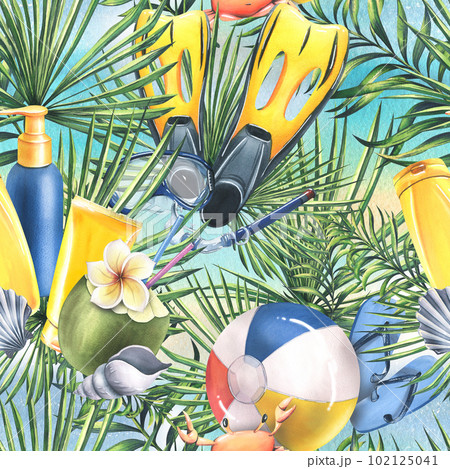 Tropical, beach, summer, seamless pattern, bright with flippers, beach ball, sun creams, palm leaves and crab. Watercolor illustration, hand drawn. For fabric, textile packaging, print. Tropical, beach, summer, seamless pattern, bright with flippers, beach ball, sun creams, palm leaves and crab. Watercolor illustration, hand drawn. For fabric, textile packaging, print. 102125041