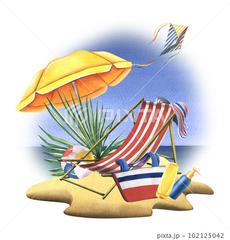 Sandy beach with sun umbrella, striped sun lounger and kite against sea and sky. watercolor illustration, hand drawn. Isolated summer composition on a white background. 102125042