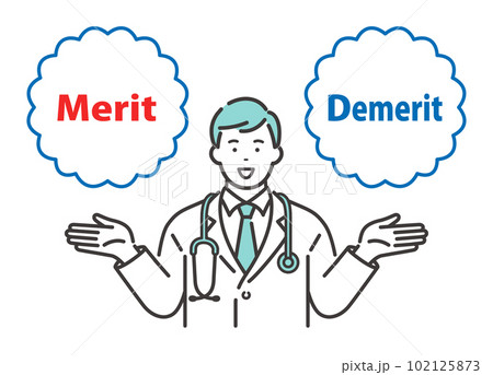 Merit / Demerit：メリットとデメリットの説明をする若い男性医師 102125873