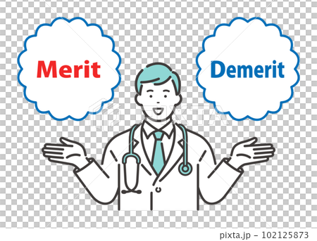 Merit / Demerit：メリットとデメリットの説明をする若い男性医師 102125873