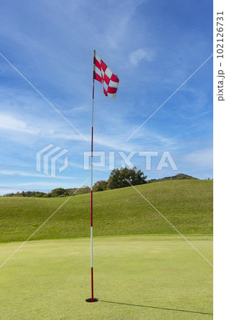 天気の良いゴルフ場のグリーンとホール 102126731