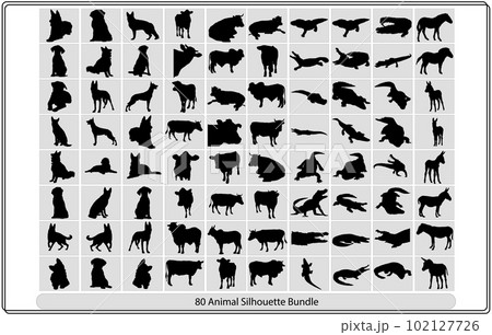 Collection of animal silhouettes on a white background,African animals silhouettes set. Giraffe, elephant, antelope, hippopotamus, rhinoceros, camel, ostrich, crocodile, flamingo, cockatoo, baboon, go Collection of animal silhouettes on a white background,African animals silhouettes set. Giraffe, elephant, antelope, hippopotamus, rhinoceros, camel, ostrich, crocodile, flamingo, cockatoo, baboon, go 102127726
