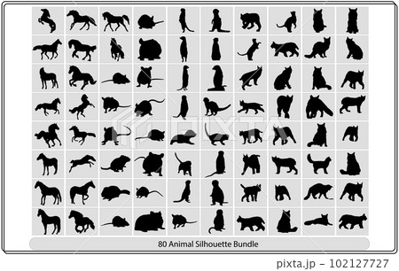 Collection of animal silhouettes on a white background,African animals silhouettes set. Giraffe, elephant, antelope, hippopotamus, rhinoceros, camel, ostrich, crocodile, flamingo, cockatoo, baboon, go 102127727