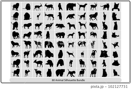 Collection of animal silhouettes on a white background,African animals silhouettes set. Giraffe, elephant, antelope, hippopotamus, rhinoceros, camel, ostrich, crocodile, flamingo, cockatoo, baboon, go 102127731