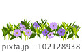 Flat design illustration of a flower bed with purple petals and green grass, vector 102128938