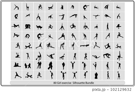 Big set of vector silhouettes of man and woman doing fitness, sport and yoga workout isolated on white background. Icons of sportive boy and girl practicing exercises in different positions. 102129632