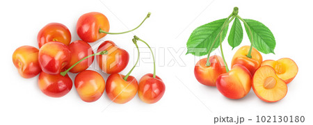 yellow-red sweet cherry isolated on white background . Top view. Flat lay yellow-red sweet cherry isolated on white background . Top view. Flat lay 102130180
