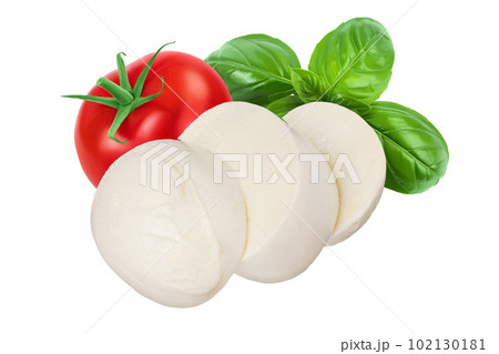 Mozzarella cheese sliced isolated on white background with full depth of field 102130181
