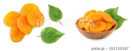 Dried apricots isolated on white background with full depth of field. Top view. Flat lay Dried apricots isolated on white background with full depth of field. Top view. Flat lay 102130197