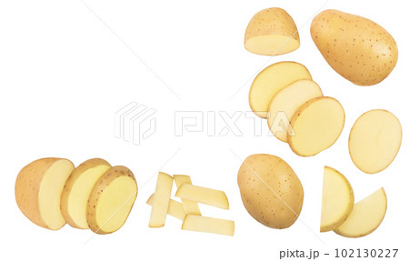 Young potato isolated on white background. Harvest new. Top view. Flat lay, Set or collection Young potato isolated on white background. Harvest new. Top view. Flat lay, Set or collection 102130227