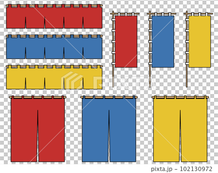 A set of 6 types of noren curtains and 3 types of banners with line drawings 102130972
