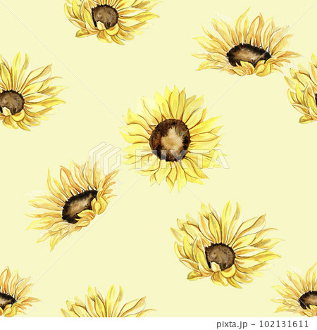Watercolor hand drawn seamless pattern of yellow sunflowers in cartoon style. Kids style background illustration with of a beautiful summer or spring flowers.Applicable for textiles, wallpapers,decor. 102131611