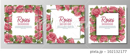 Set of postcards with roses. Border, frame with pink flowers and green leaves. Background with botanical elements. Vector illustration. 102132177