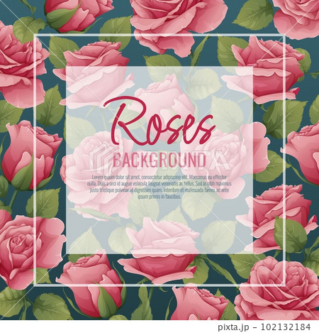 Frame with roses. Border with pink flowers and green leaves. Background, postcard with botanical elements. Vector illustration. 102132184