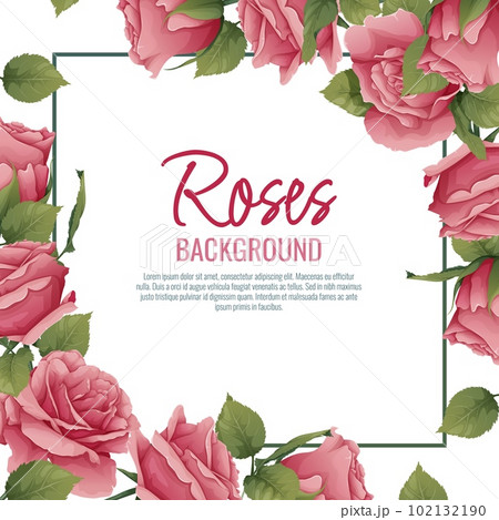 Frame with roses. Border with pink flowers and green leaves. Background, postcard with botanical elements. Vector illustration. Frame with roses. Border with pink flowers and green leaves. Background, postcard with botanical elements. Vector illustration. 102132190