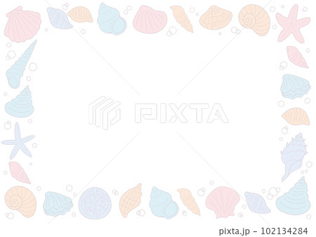 貝がらやヒトデの手書き線画ベクターフレーム/テキストスペースあり 貝がらやヒトデの手書き線画ベクターフレーム/テキストスペースあり 102134284